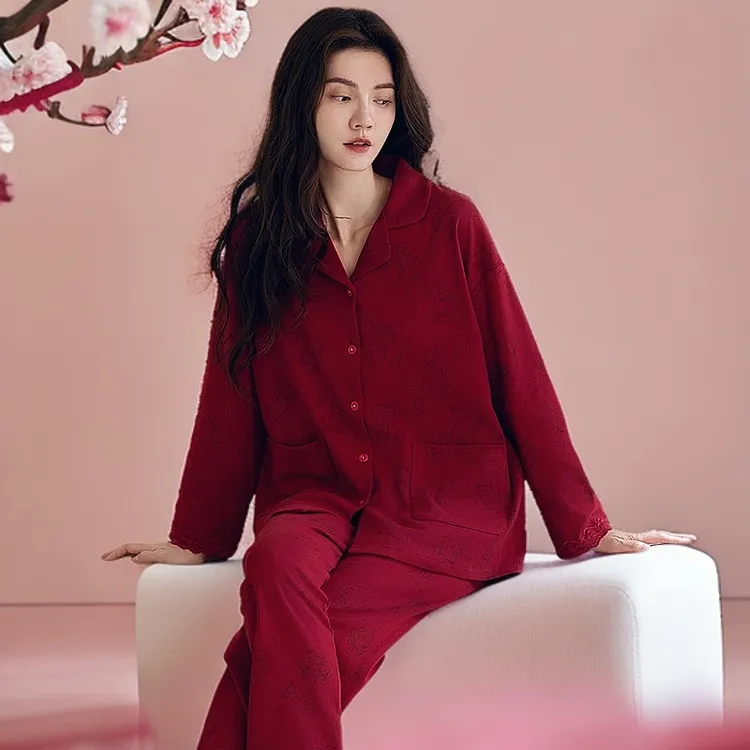 秋冬睡衣女2024新款安哥拉红色喜庆蕾丝高级感翻领长袖家居服套装