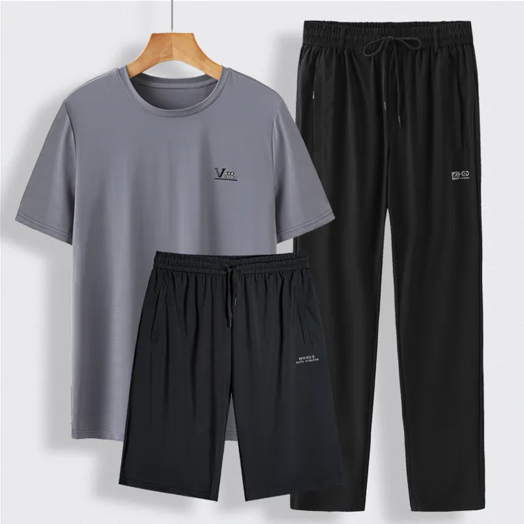 男士夏季冰丝三件套装宽松薄款t恤圆领短袖爸爸速干裤中老年夏装