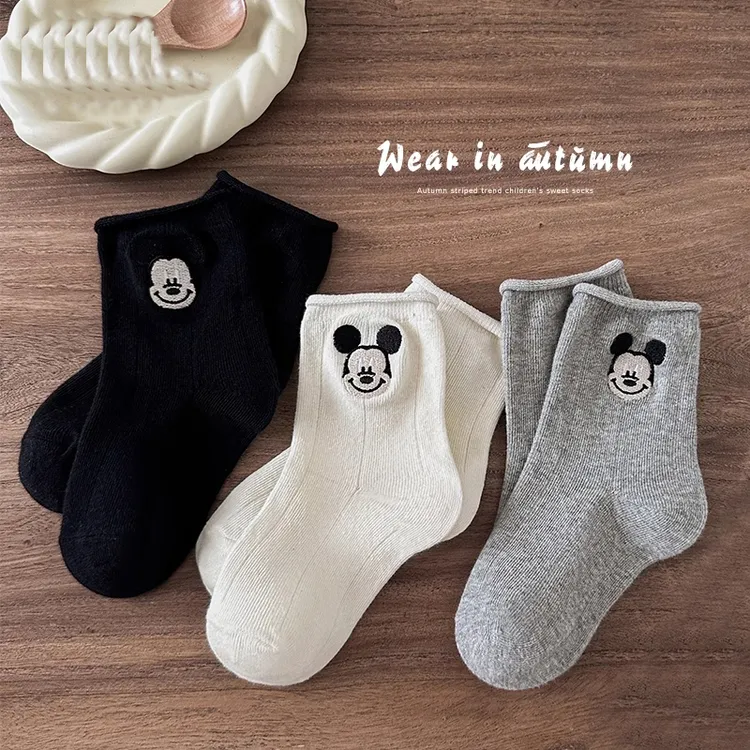 儿童袜子春秋新款棉袜韩版刺绣米奇头可爱卡通中筒袜男女孩卷边袜