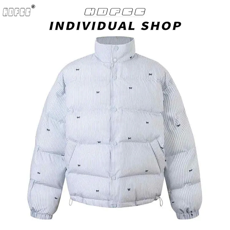 韩版蓝色条纹小蝴蝶结面包服外套女冬季新款立领加厚保暖棉衣棉服