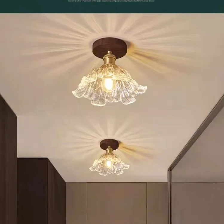 新中式过道灯吸顶灯现代简约胡桃色玻璃玄关阳台走廊厨卫实木灯具