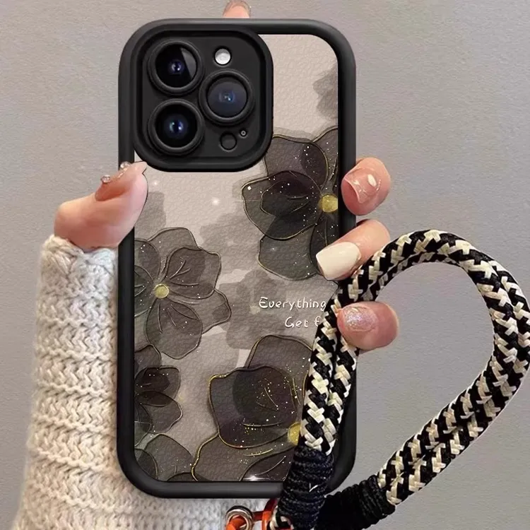 适用苹果17promax手机壳黑金色山茶花彩绘iphone16pro油画15p艺术