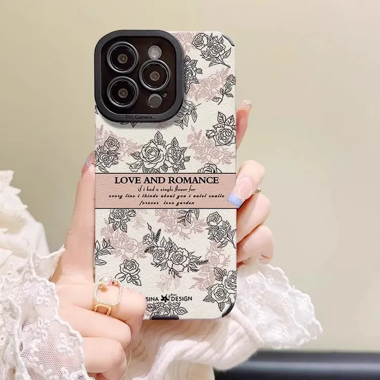 复古玫瑰花小羊皮高级感手机壳适用iPhone15promax苹果14plus防尘