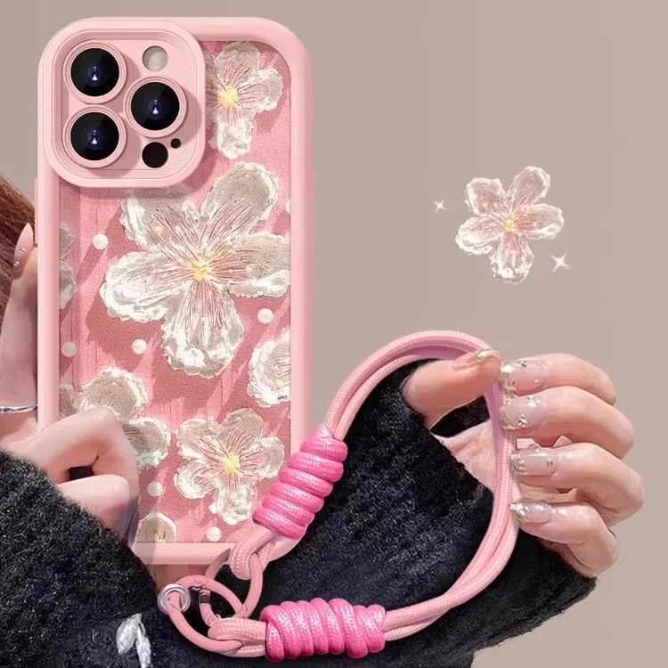 适用苹果15pro手机壳新款女粉色油画花朵iphone15promax保护套13p