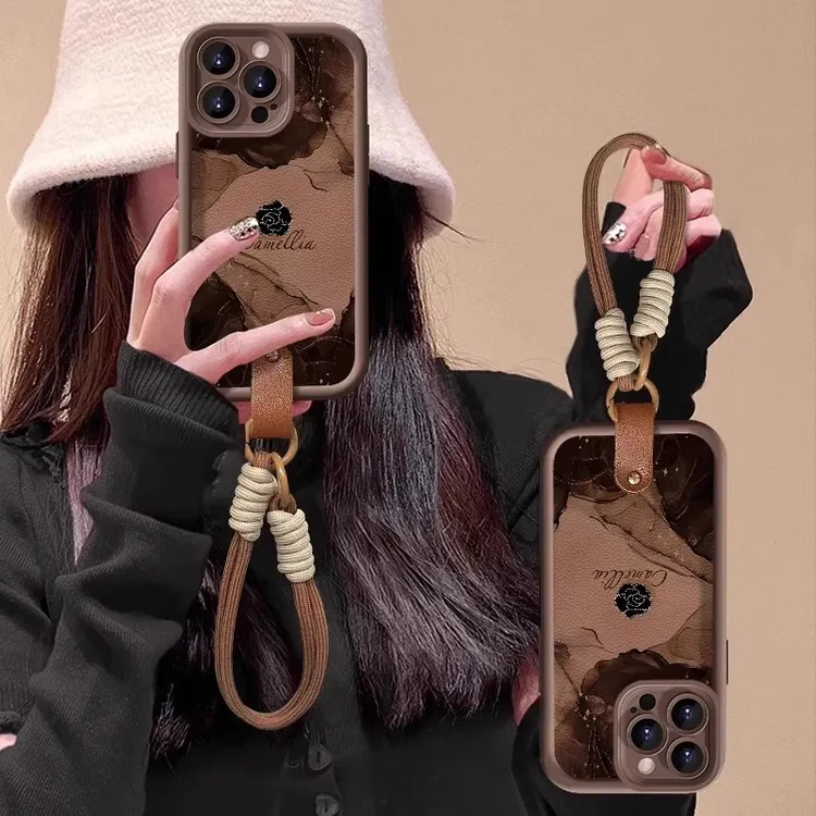 适用苹果16promax手机壳晕染立体玫瑰花iphone15pro带棕色挂绳14p