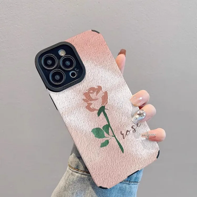 适用苹果15promax油画玫瑰小羊皮iphone14pro手机壳磨砂竖纹13max