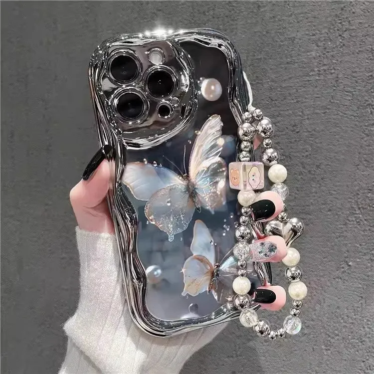 珍珠蝴蝶适用于苹果15promax手机壳梦幻复古iphone14pro电镀13p女