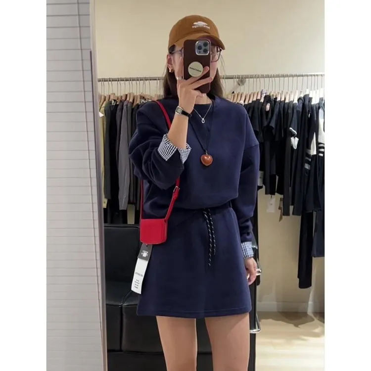 盐系时尚套装女春秋新款高级感拼接长袖卫衣显瘦半身短裙两件套装