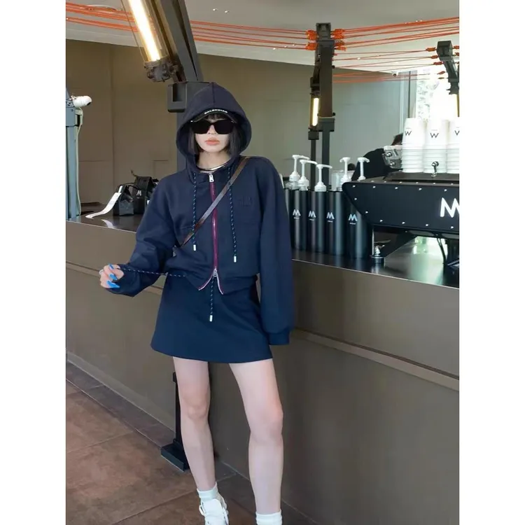 时尚卫衣套装女春秋新款慵懒风连帽拉链上衣休闲半身短裙两件套潮