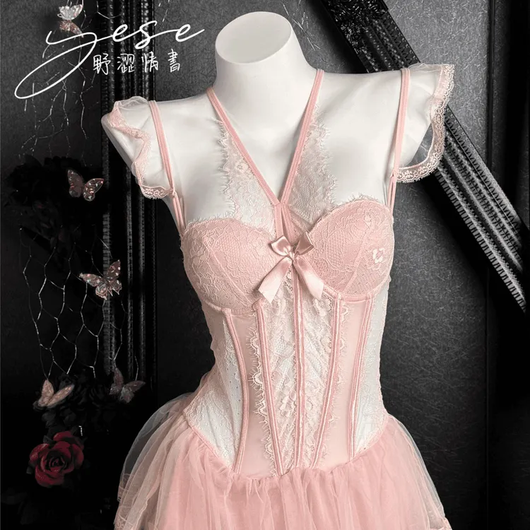 【初恋】Yese野涩情书性感鱼骨纯欲蕾丝网纱吊带睡裙收腰显瘦背心