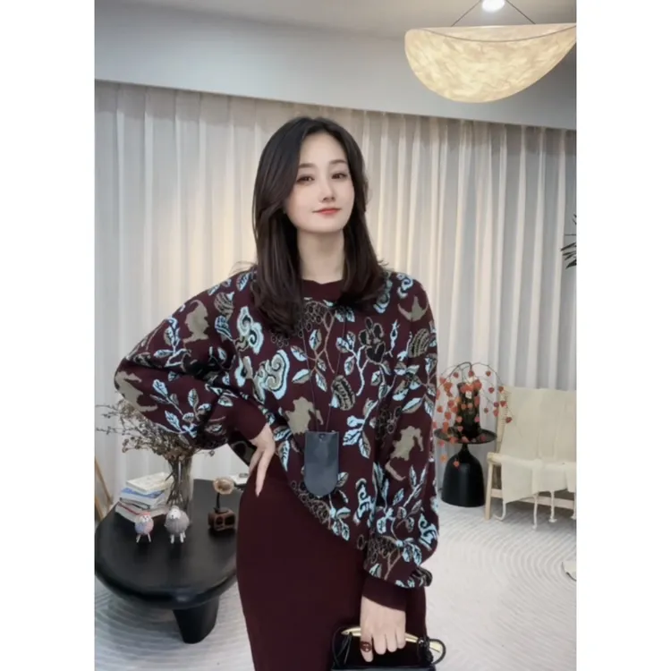 秋冬复古提花圆领宽松时尚休闲长袖毛长袖针织衫套头百搭