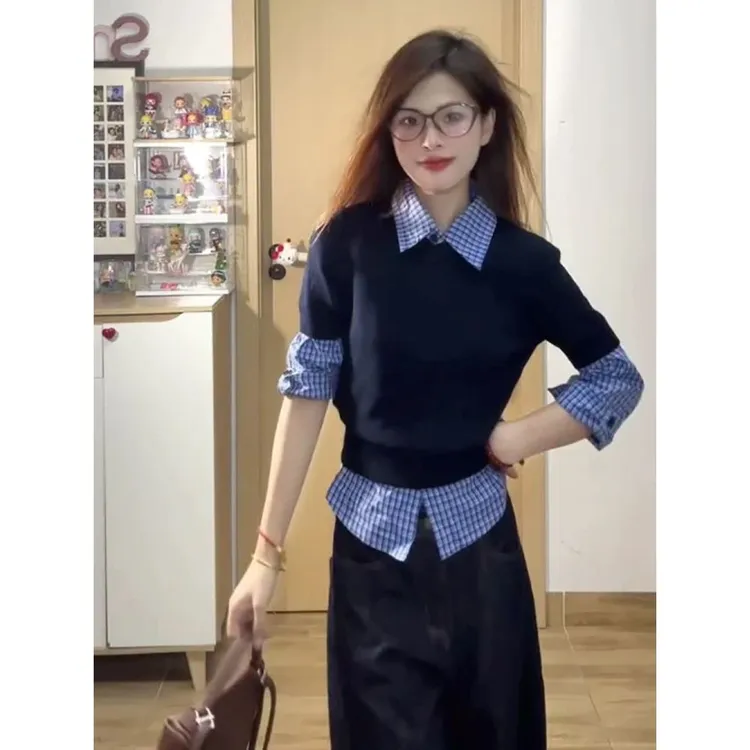 学院风蓝色格纹长袖衬衫女春秋季设计感韩版修身衬衣内搭叠穿上衣