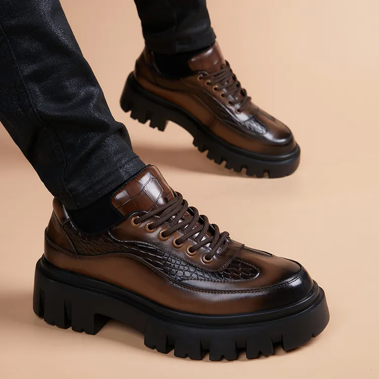 新款鳄鱼纹皮鞋男真皮痞帅高级感商务休闲鞋潮流发型师厚底内增高