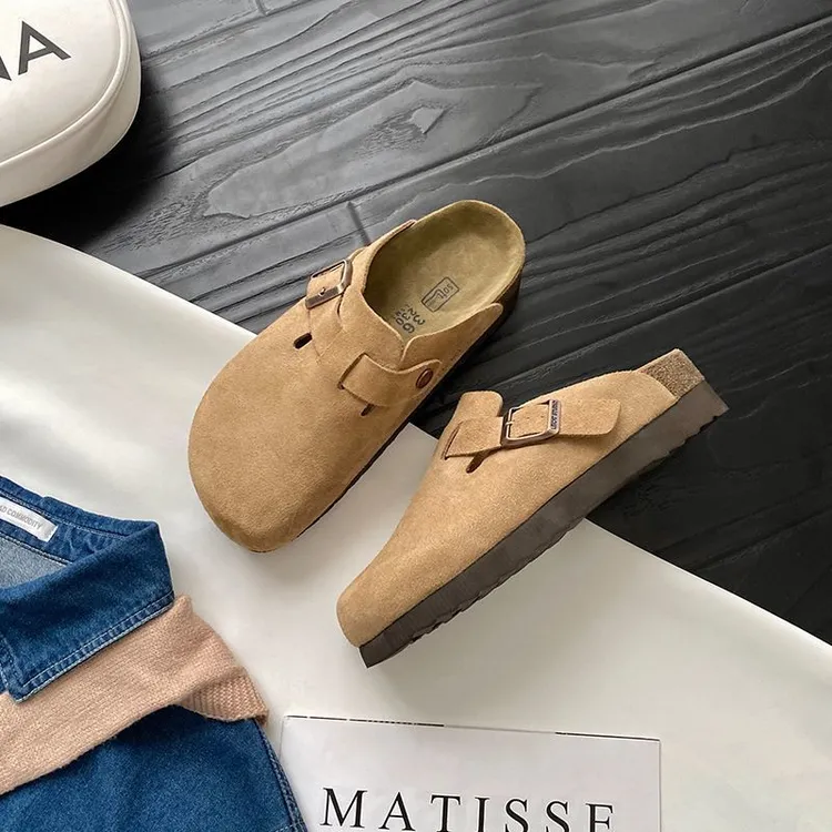 2023年新款厚底勃肯鞋半拖女春复古一脚蹬包头拖鞋内增高博肯鞋子