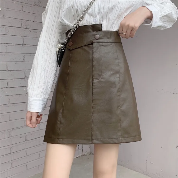 PU皮半身裙女秋冬2025新款不规则高腰显瘦A字皮裙防走光包臀短裙
