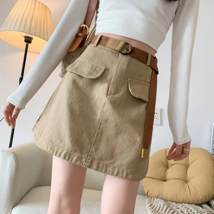 大码卡其色高腰工装牛仔半身裙女夏季短款显瘦a字包臀裙裤短裙子