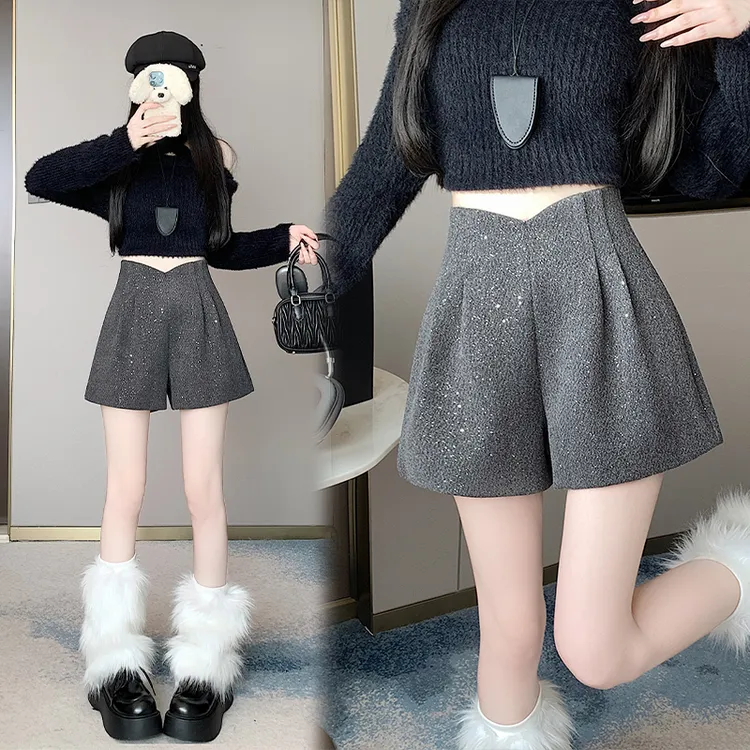 小香风亮片高腰显瘦a字阔腿裤毛呢短裤女2025秋冬外穿百搭靴裤子