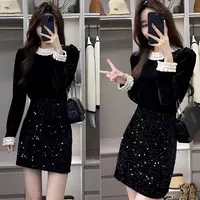 小香风套装女秋冬2025新款黑色拼接长袖衬衫高腰亮片半身裙两件套