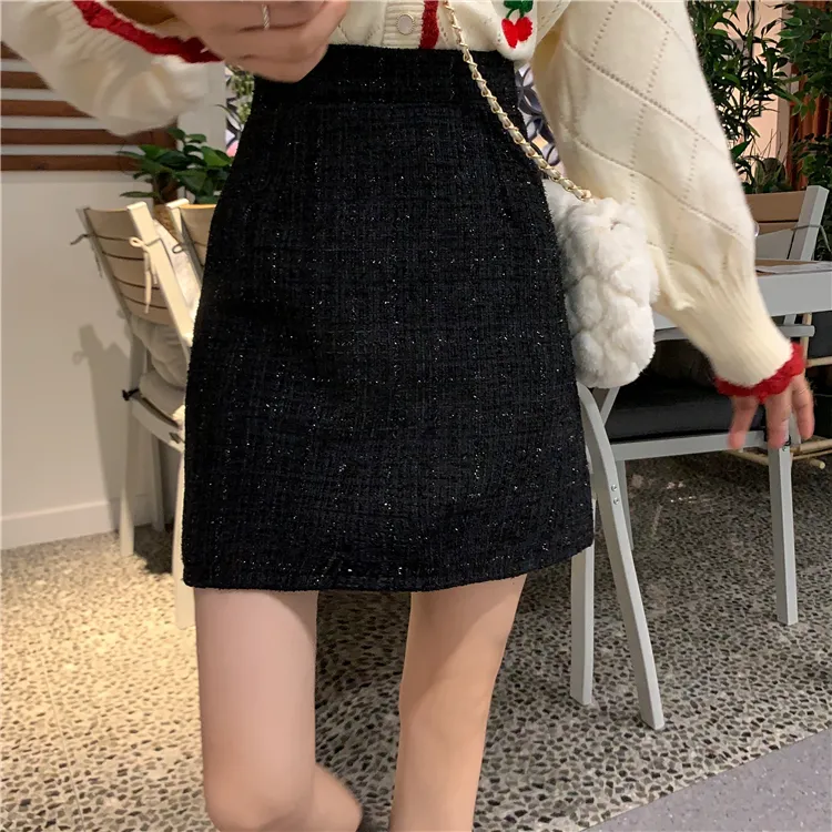 春秋小香风亮丝半身裙女大码高腰毛呢a字包臀裙黑色粗花呢中裙潮