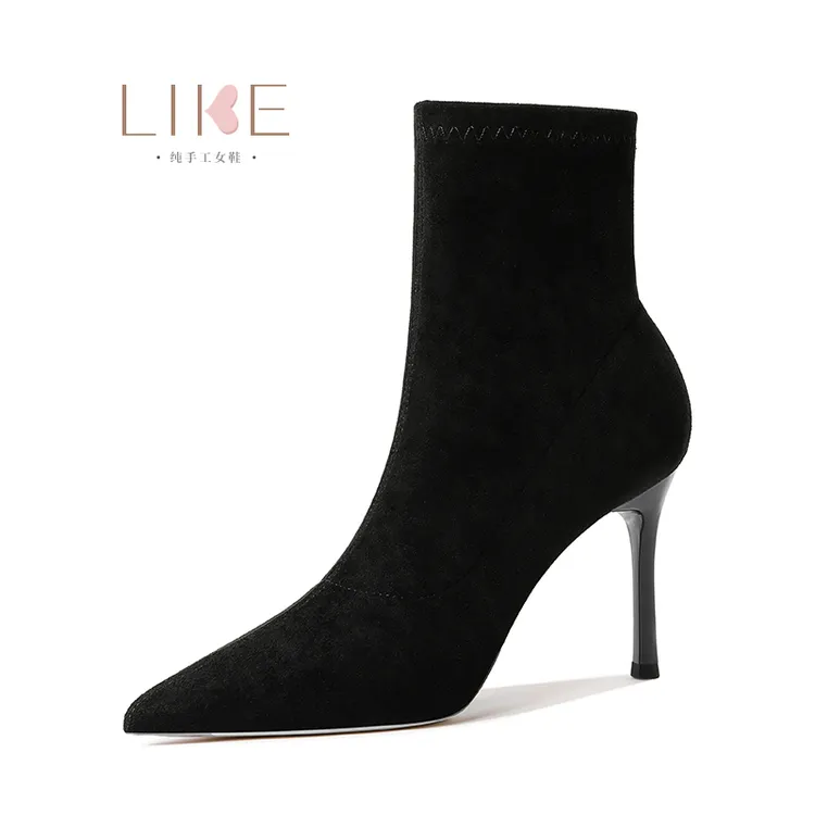 黑色高跟女短靴2025年秋冬季新款气质尖头时尚细跟百搭弹力瘦瘦靴