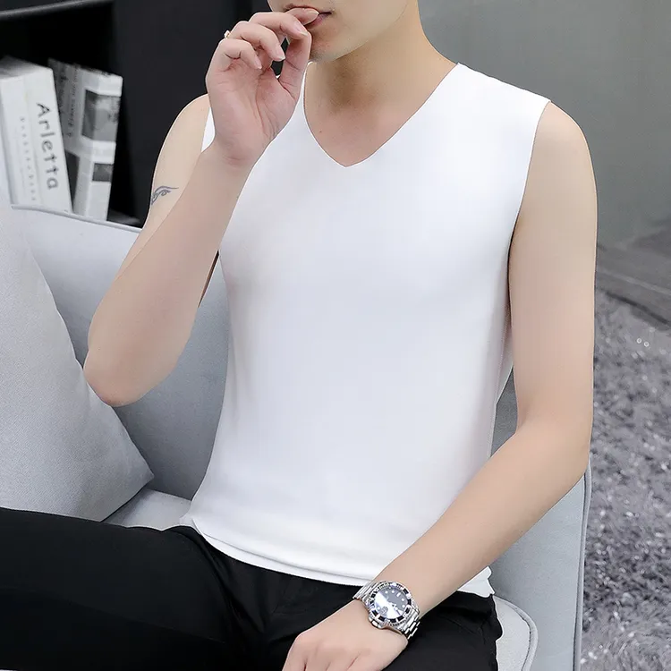薄绒保暖背心男V领白色修身紧身内衣上衣无痕无边打底衫无袖秋衣