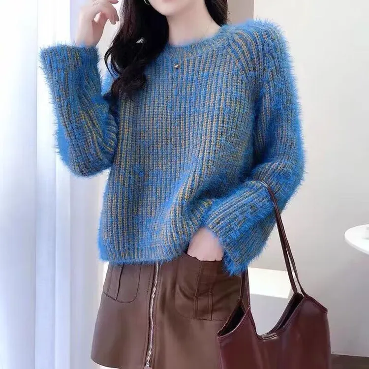 8018后开叉蓝色毛衣女秋冬新款设计感慵懒时尚百搭针织打底衫加厚
