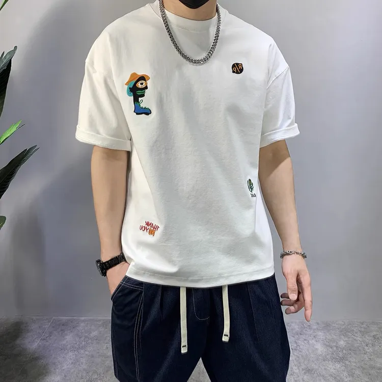 夏季型男潮牌创意刺绣短袖重磅高端棉品质T恤微宽松痞帅时尚半袖