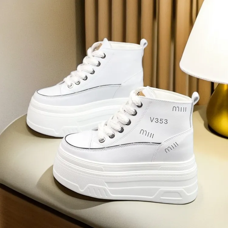 超高跟10、12cm防水皮面洋气松糕厚底显瘦小个子百搭内增高小白鞋