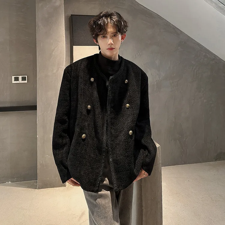 小香风毛呢外套男士2024秋冬季新款高级感双排扣痞帅宽松休闲夹克