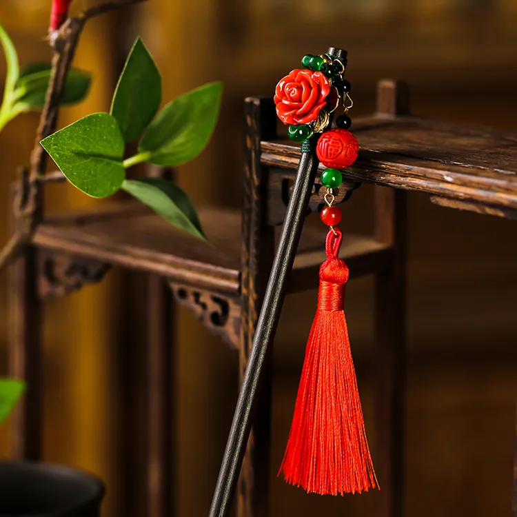 新年福字古风流苏发簪春节红色喜庆步摇发钗国潮汉服旗袍盘发头饰