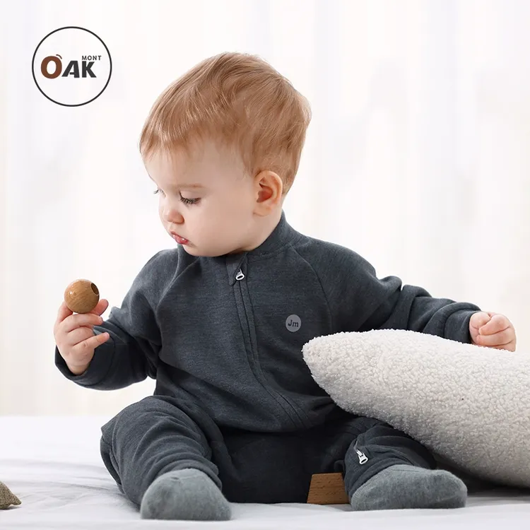 Oak mont秋装竹纤维新生儿宝宝婴儿连体衣拉链衣服满月打底爬服