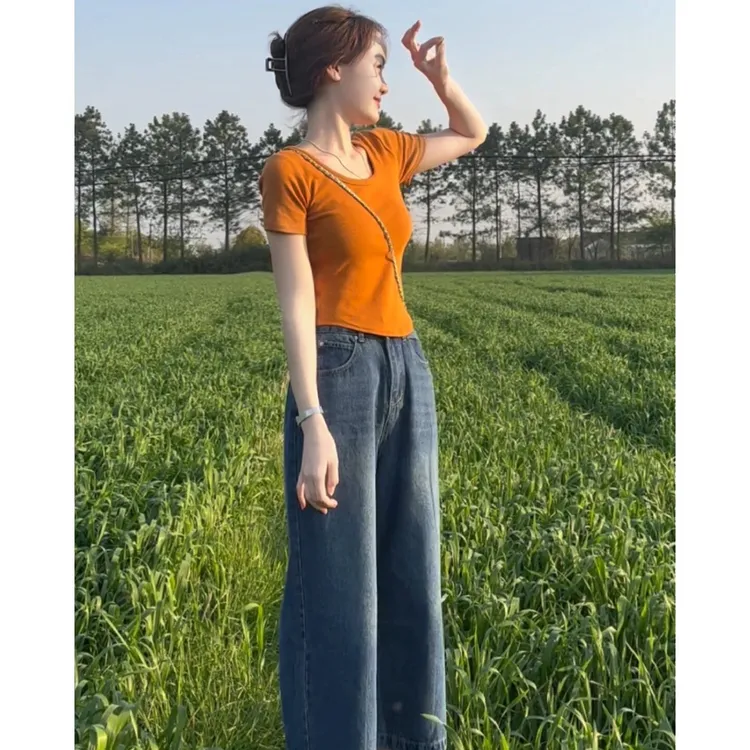 2024新款春夏季修身型显身材U领短袖橘色t恤女韩版上衣百搭牛仔裤