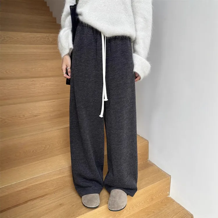 19253 D秋冬极简风休闲运动裤松紧腰系带宽松阔腿拖地裤长裤女