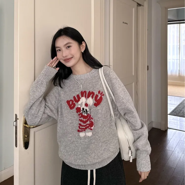 81005 D秋冬圣诞限定可爱兔兔提花圆领宽松软糯羊毛针织毛衣女