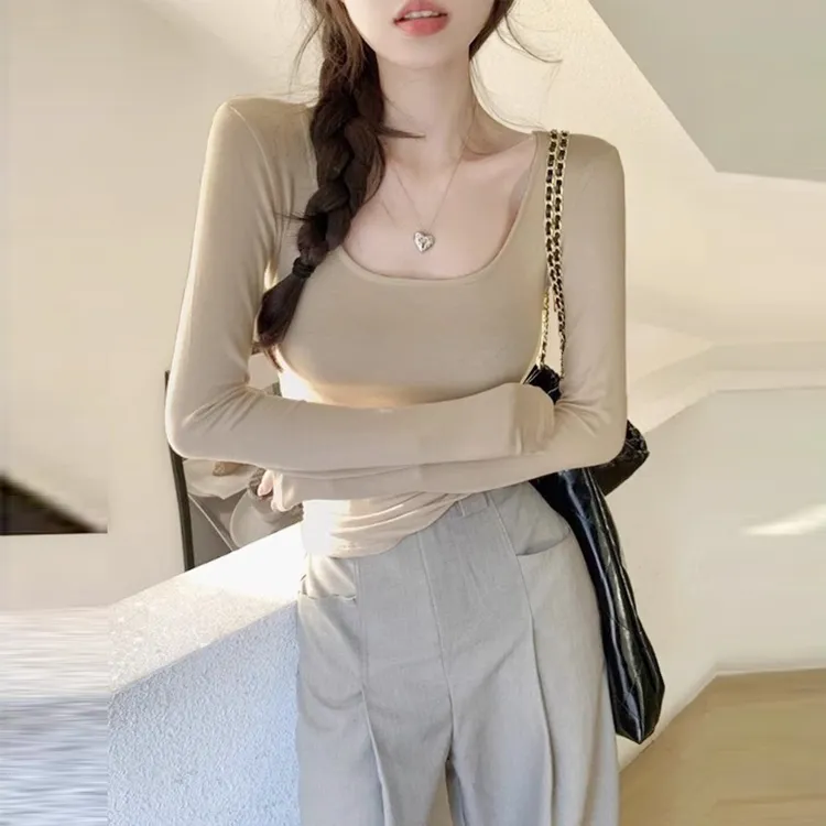 U领纯欲打底衫女秋冬新款内搭短款上衣设计感抽褶显廋粉色长袖t恤