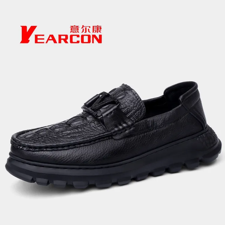 新品意尔康男士休闲鞋软底软面皮鞋男一脚蹬鳄鱼纹男豆豆鞋爸爸鞋