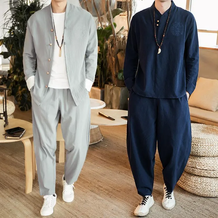 中式唐装套装中国风爆款汉服棉麻新中式国风古装外套古风唐服男款