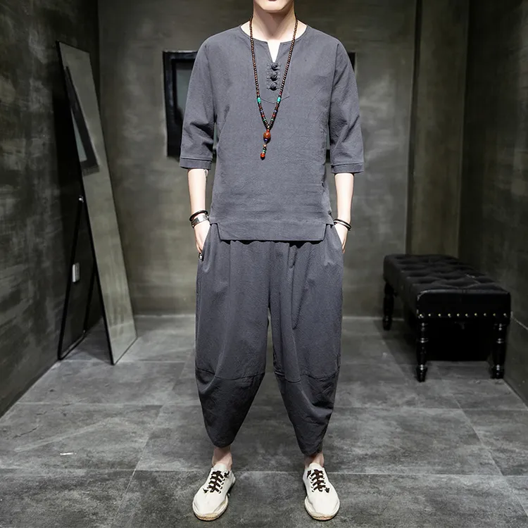 亚麻短袖t恤男唐装宽松七分袖体恤夏季复古汉服中式禅服棉麻套装