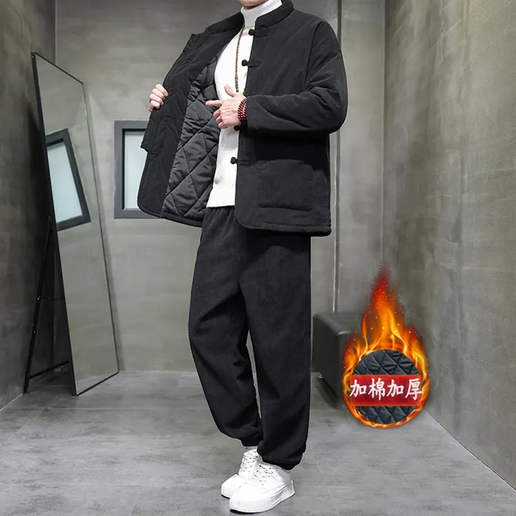 冬季新款中国风灯芯绒棉衣男套装新中式唐装加厚中山装棉服两件套