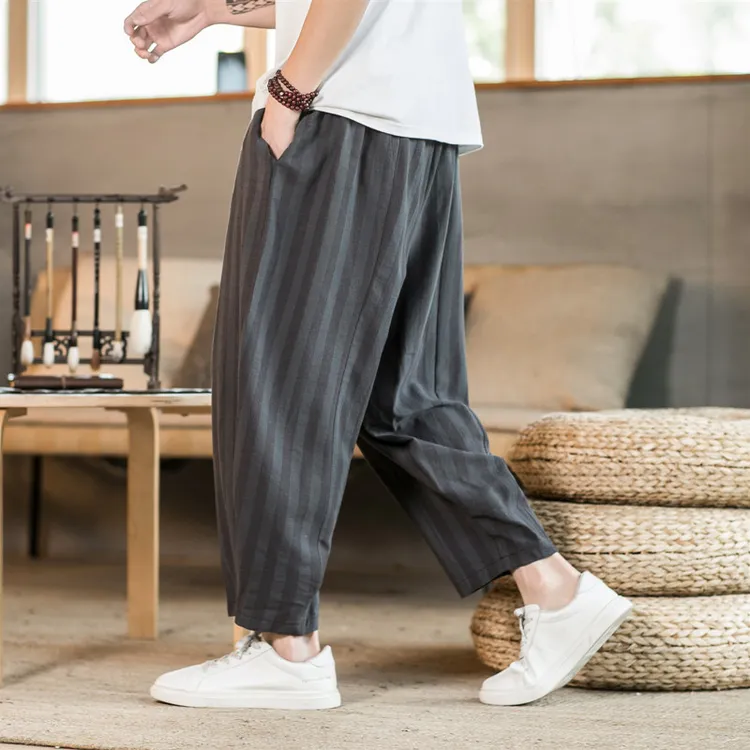 夏季薄棉麻男士宽松阔腿条纹九分萝卜裤潮流中国风亚麻哈伦休闲裤