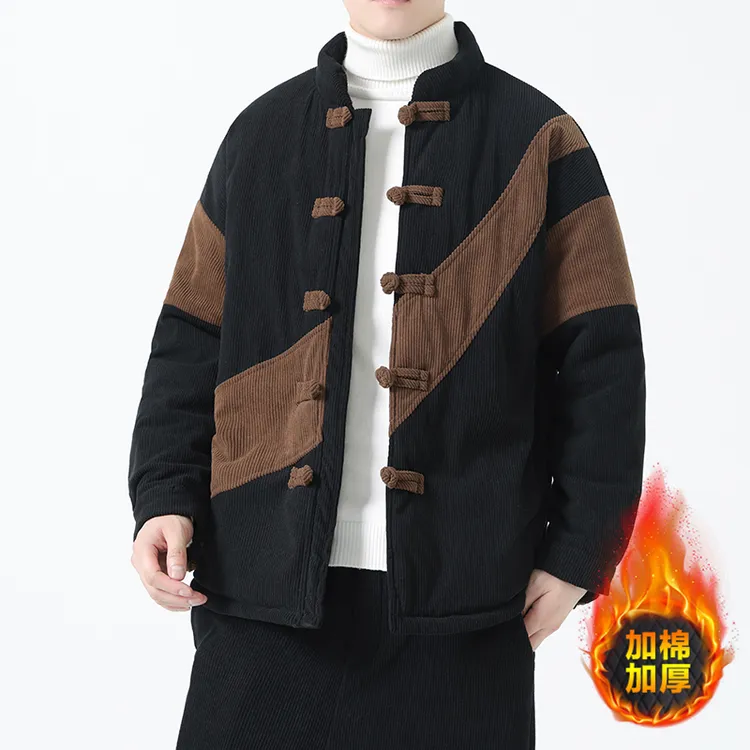 中国风冬季棉衣外套加厚保暖宽松大码棉服新中式灯芯绒拼接棉袄男