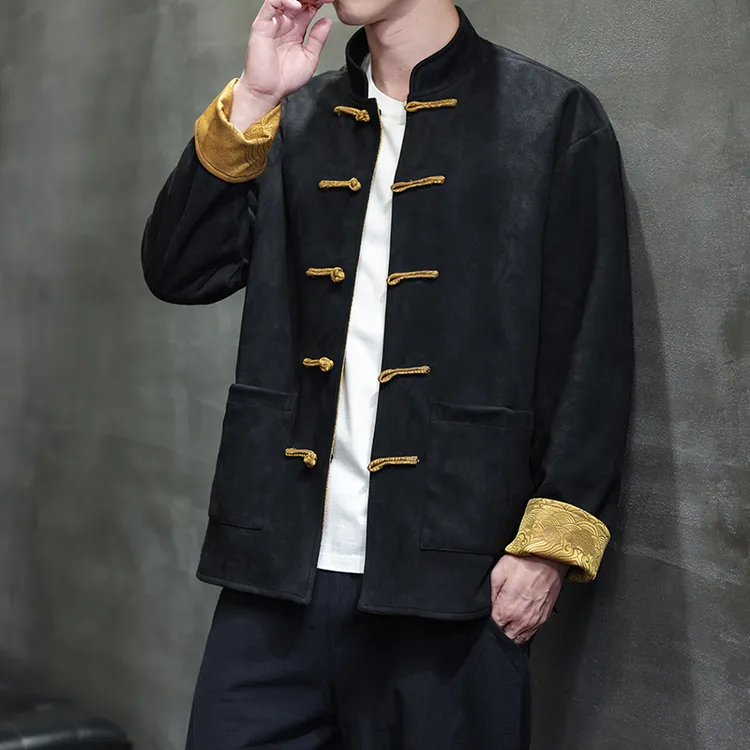 中国风男装麂皮绒唐装夹克男双面穿外套新中式青年复古汉服中山装