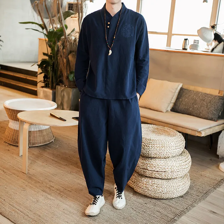 亚麻套装男大码中国风男装刺绣大码汉服外套宽松休闲棉麻居士禅服