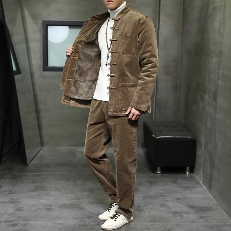中国风秋冬加绒休闲唐装棉衣中式复古盘扣中山装外套男灯芯绒套装