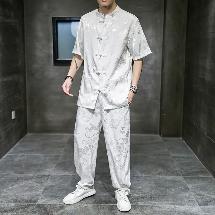 夏季新款龙纹唐装男中国风薄款冰丝短袖套装复古汉服大码两件套装