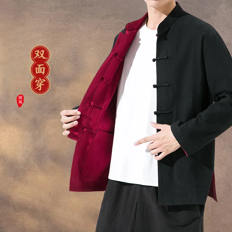 秋季两面穿唐装棉麻盘扣复古中式上衣中国风男装双面穿外套中山装