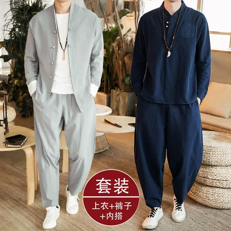 中式唐装套装中国风爆款汉服棉麻新中式国风古装外套古风居士服男