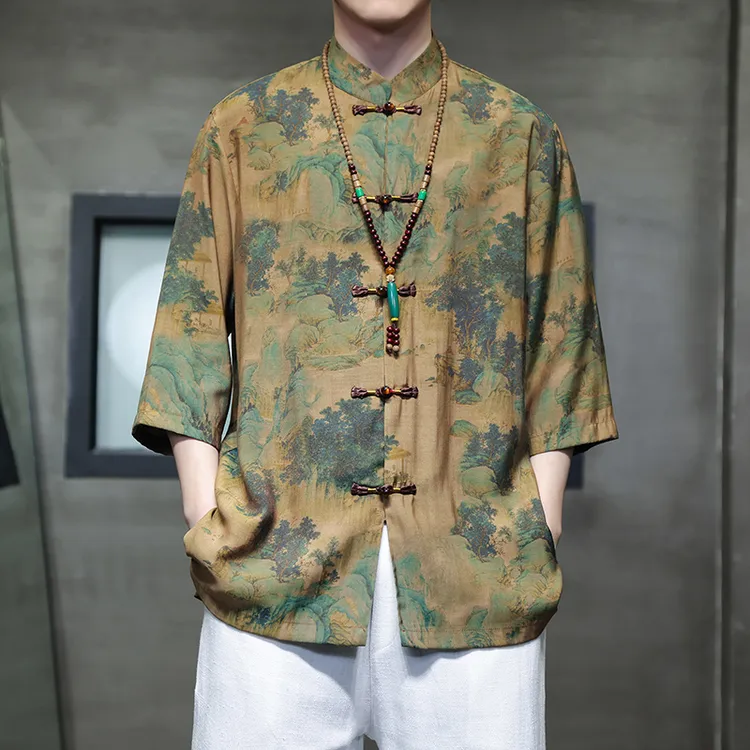 唐装男款夏季薄款中国风男装新中式冰丝短袖衬衫男士半袖衬衣外套
