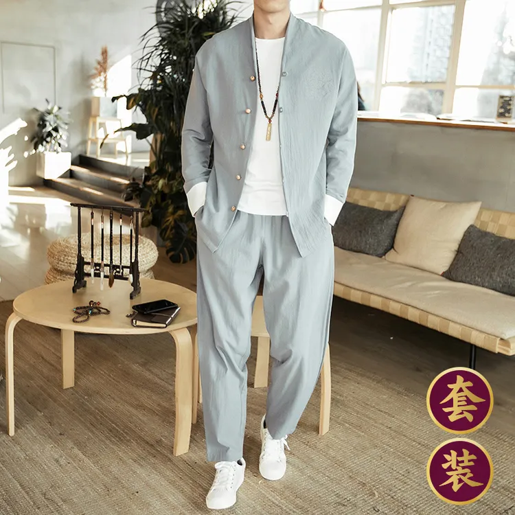 中国风男装佛系中式亚麻外套装青年唐装复古风汉服道袍棉麻中山装