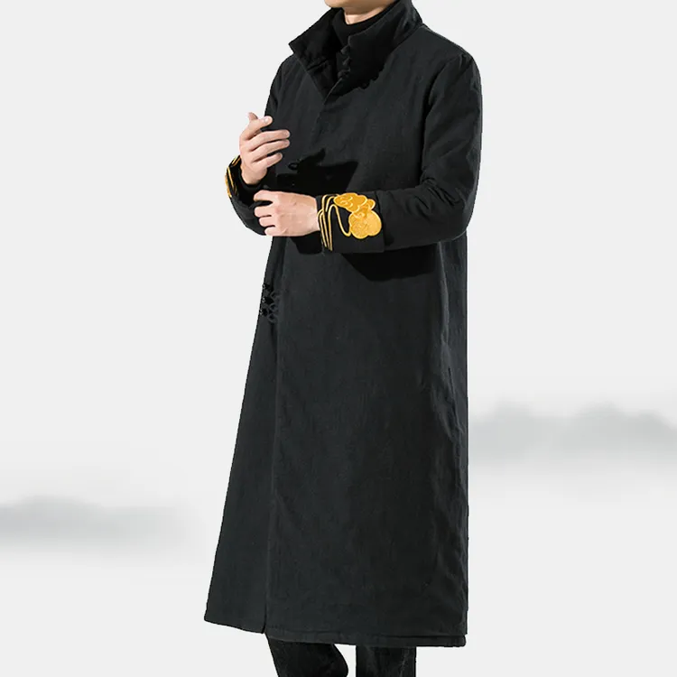 中国风长款刺绣棉衣男亚麻棉服加厚唐装宽松大码汉服道袍立领外套